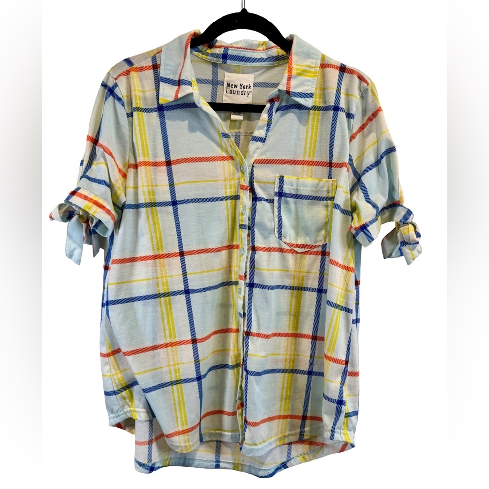 New York Laundry Plaid| Tie Sleeves| Button-Down| Short Sleeve Shirt